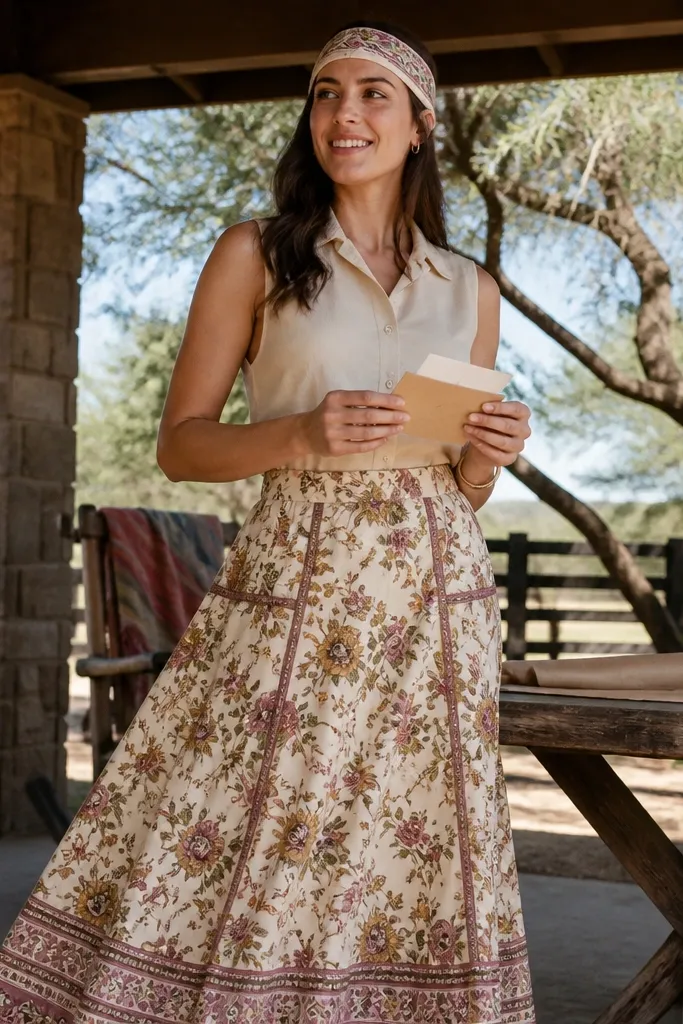 Floral western skirt with a sleeveless button-up and a patterned headband