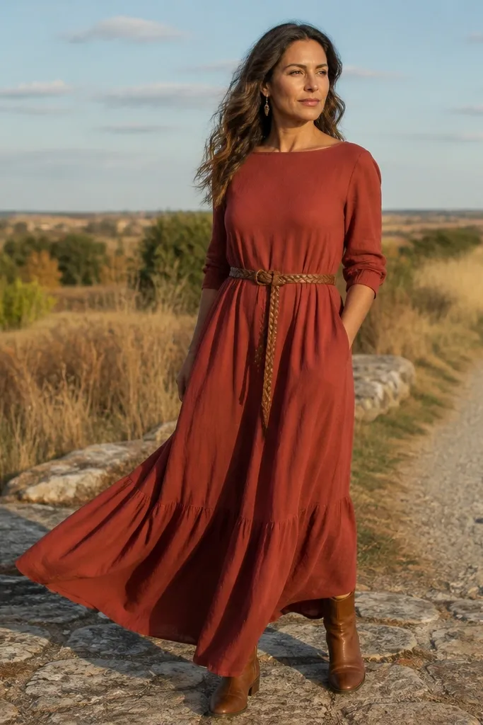 Rust maxi dress with a braided belt and cognac cowboy boots
