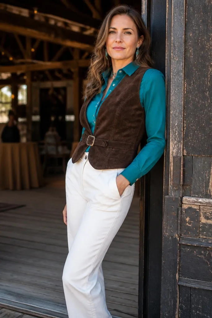 Teal Western shirt tucked into white straight-leg pants with a belted waistcoat