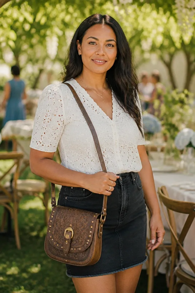Ivory eyelet top with a black denim skirt and a western crossbody bag