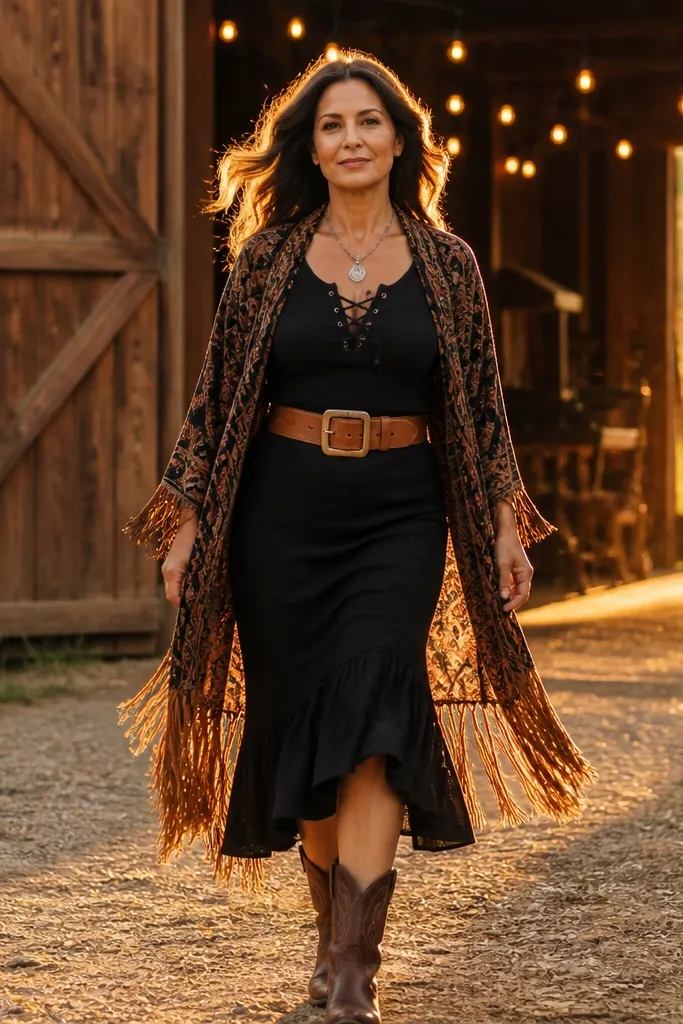 Black lace-up midi dress with a tan belt and a fringe kimono