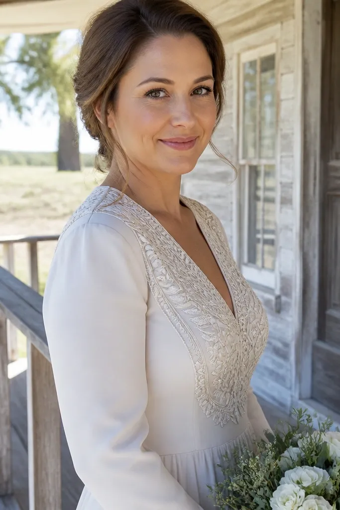 Ivory crepe wedding dress with a modest V neckline and tonal embroidered yoke