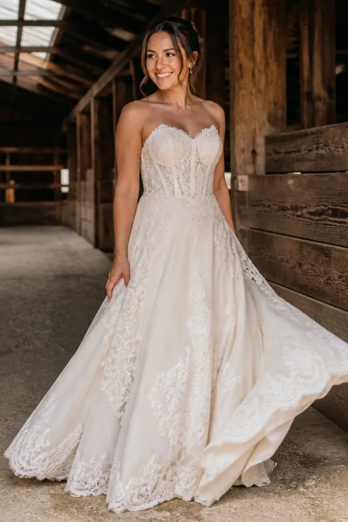 Cream corset bodice with lace trim and a flowing A-line wedding skirt