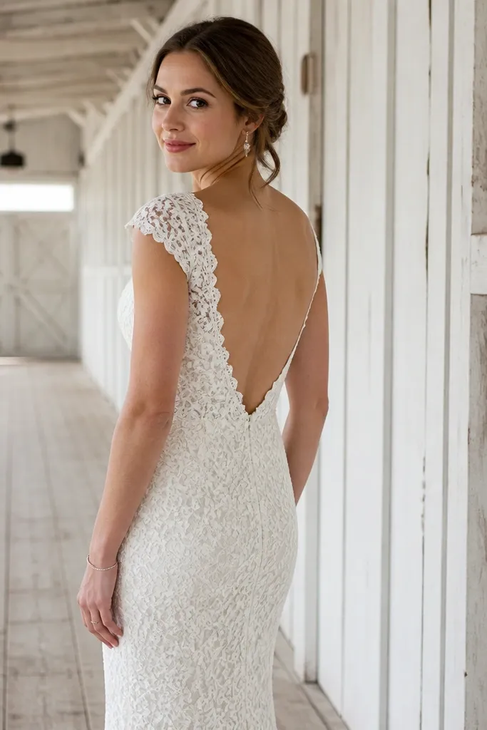 Ivory lace column dress with cap sleeves and a low-slung back panel