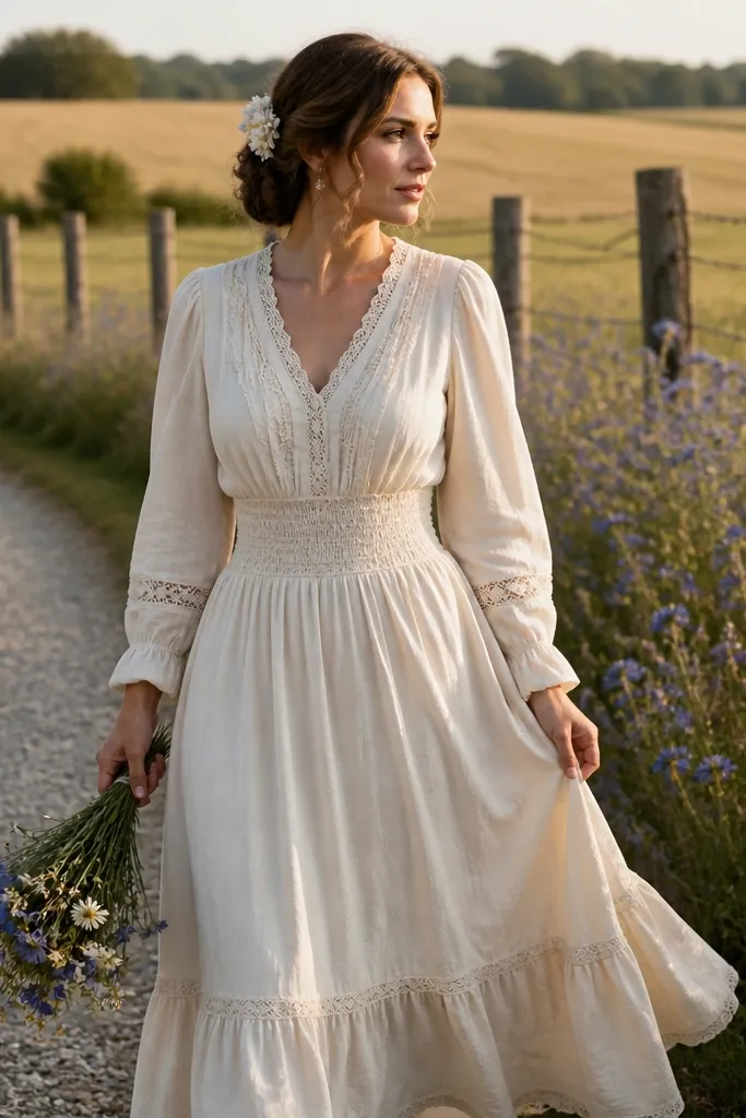 Cream wedding dress with a smocked waist and a gently flared skirt