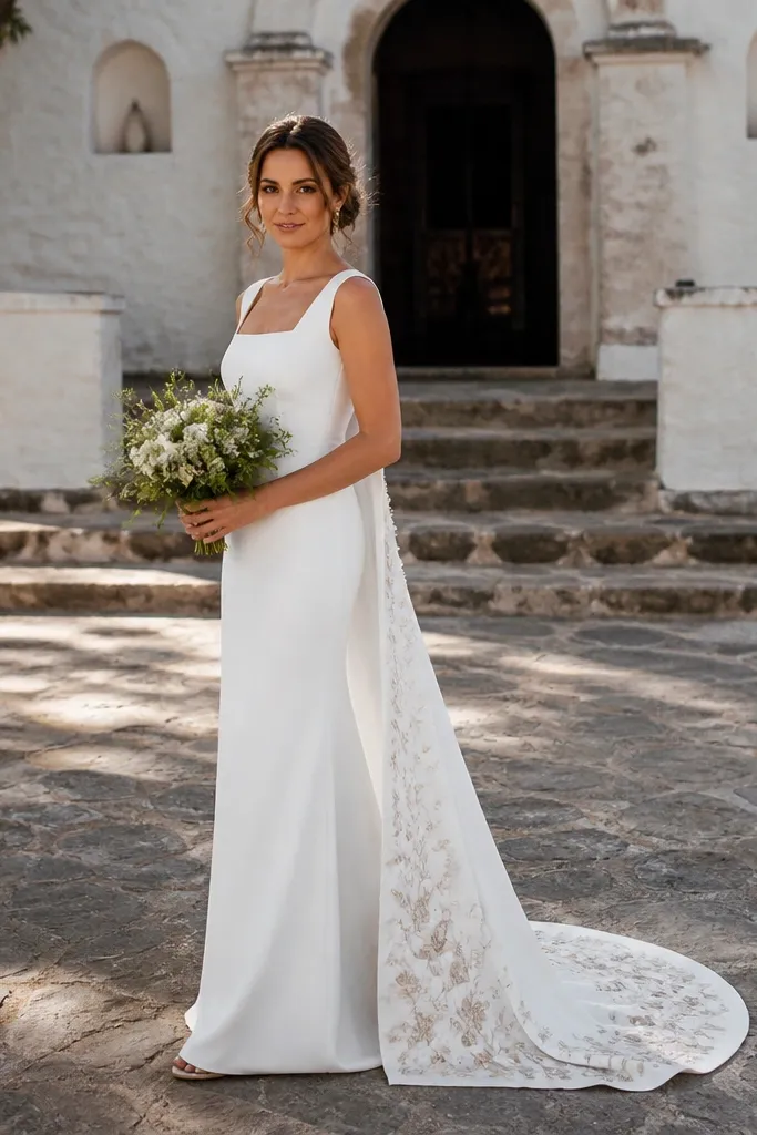 Ivory wedding dress with a straight skirt and floral embroidery near the train