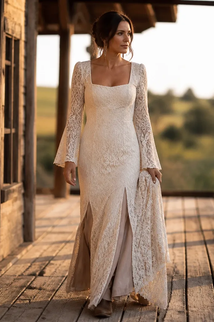 Ivory lace wedding dress with a square neckline and subtle side slits