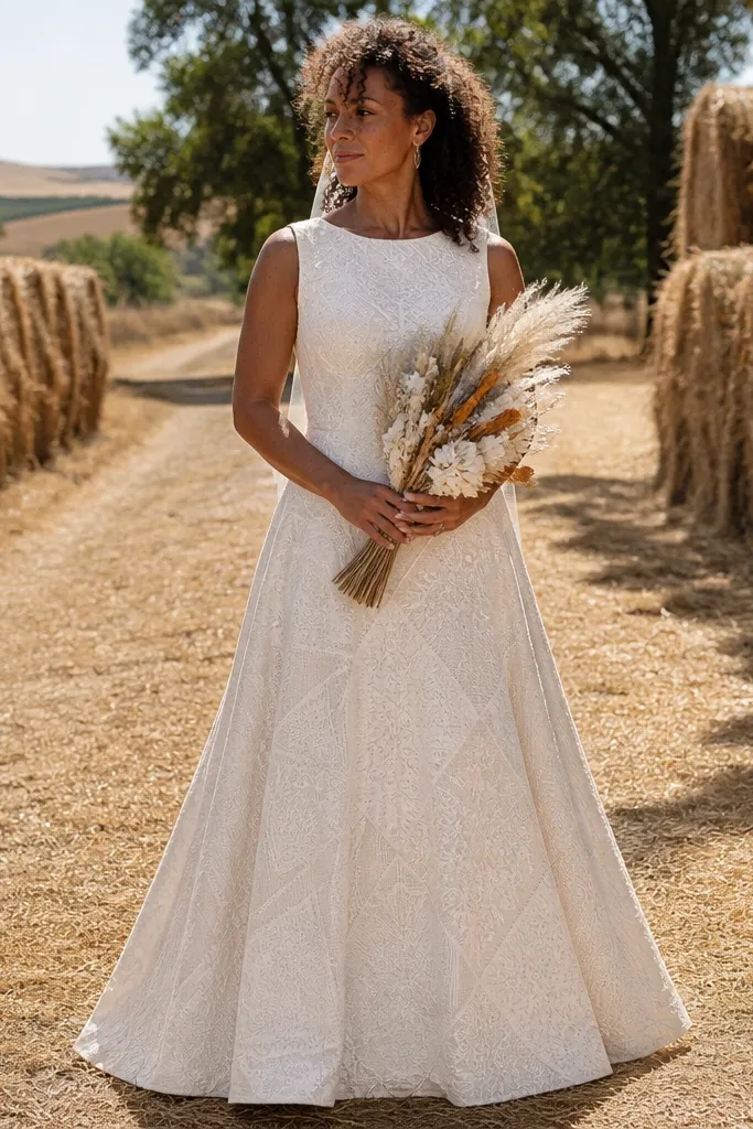 Ivory wedding dress with tone-on-tone patchwork appliqué on an A-line skirt