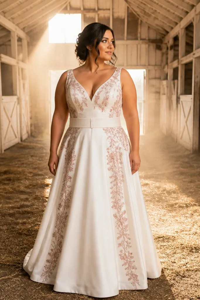 Ivory wedding dress with embroidered side panels and a belted waist