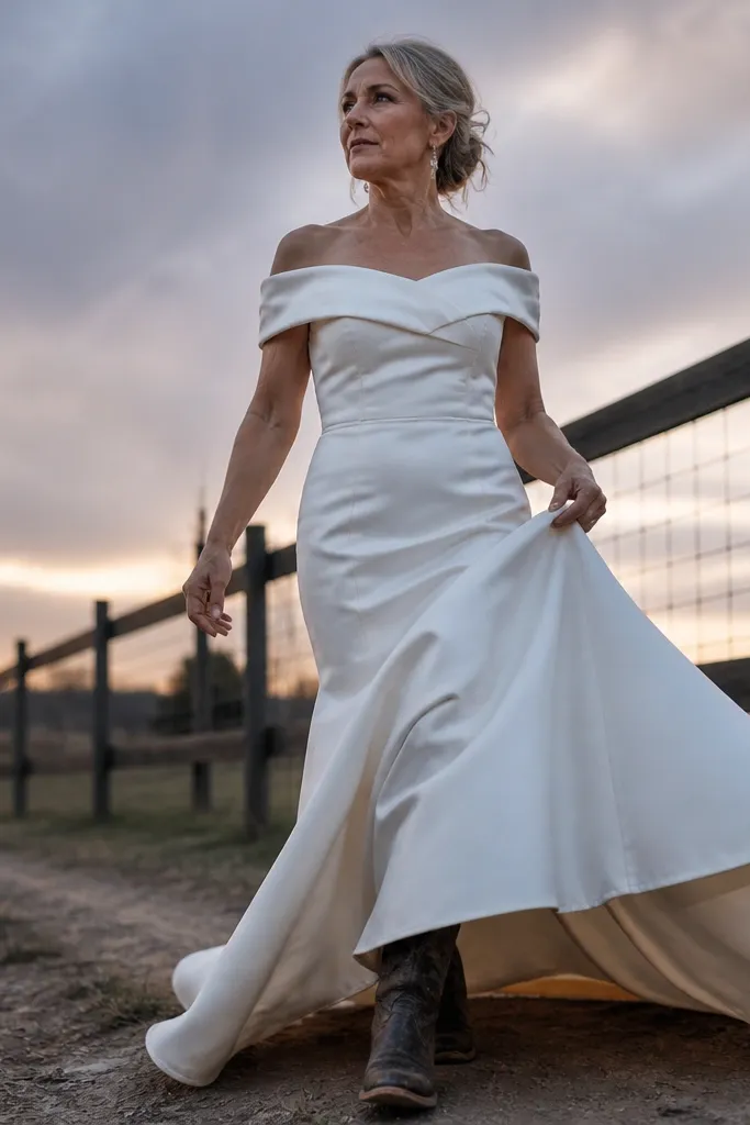 Matte ivory fit-and-flare wedding dress with a flared skirt for boot-friendly length