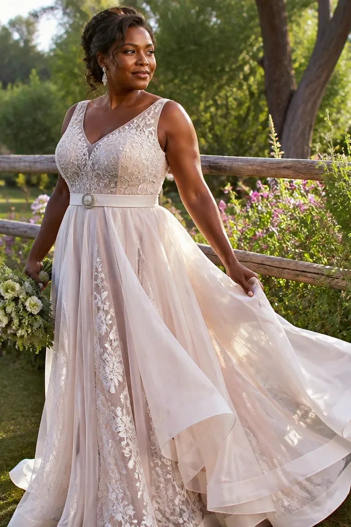 Ivory organza skirt with lace under-layer panels and a belted waist