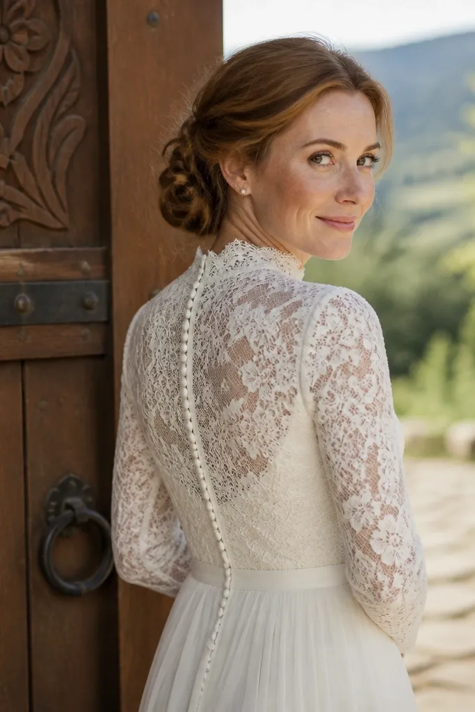 Ivory high-neck lace wedding dress with long sleeves and a buttoned back