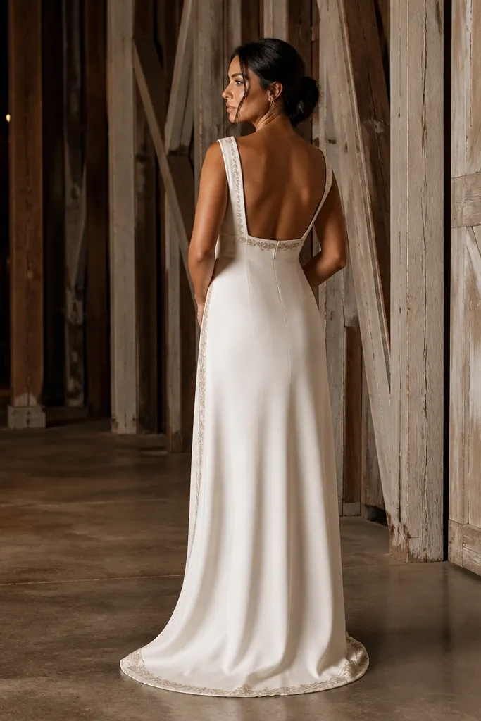 Ivory slip wedding dress with a square back and tonal embroidered border