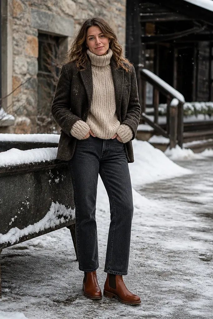 Charcoal jeans with cognac Chelsea boots and an oat knit turtleneck