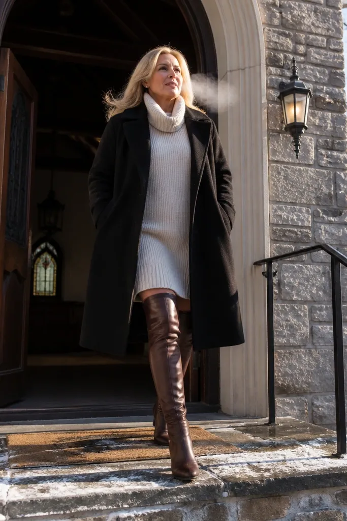 Cream sweater dress under a black wool coat with brown over-the-knee boots