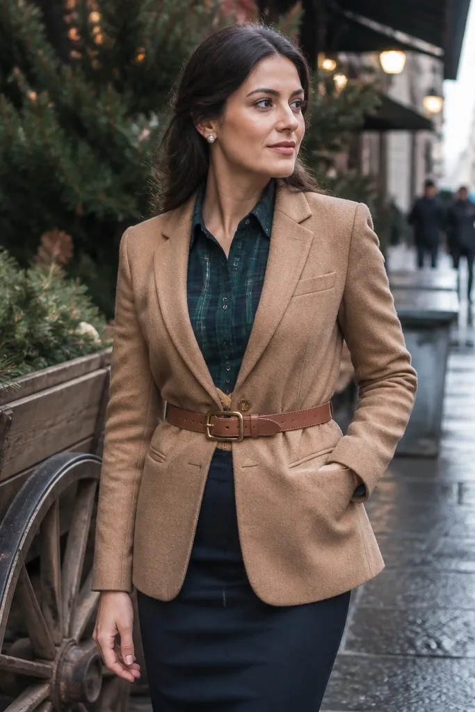 Green plaid button-down tucked into a dark skirt with a tan belted blazer