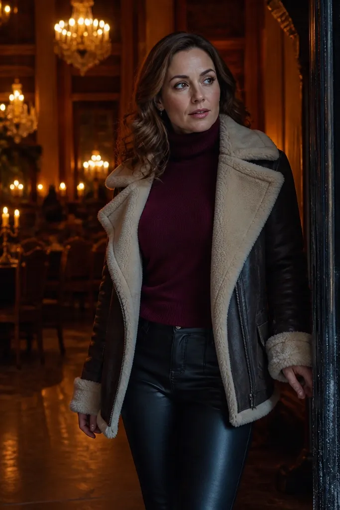 Burgundy turtleneck with black leather pants and a shearling-lined jacket