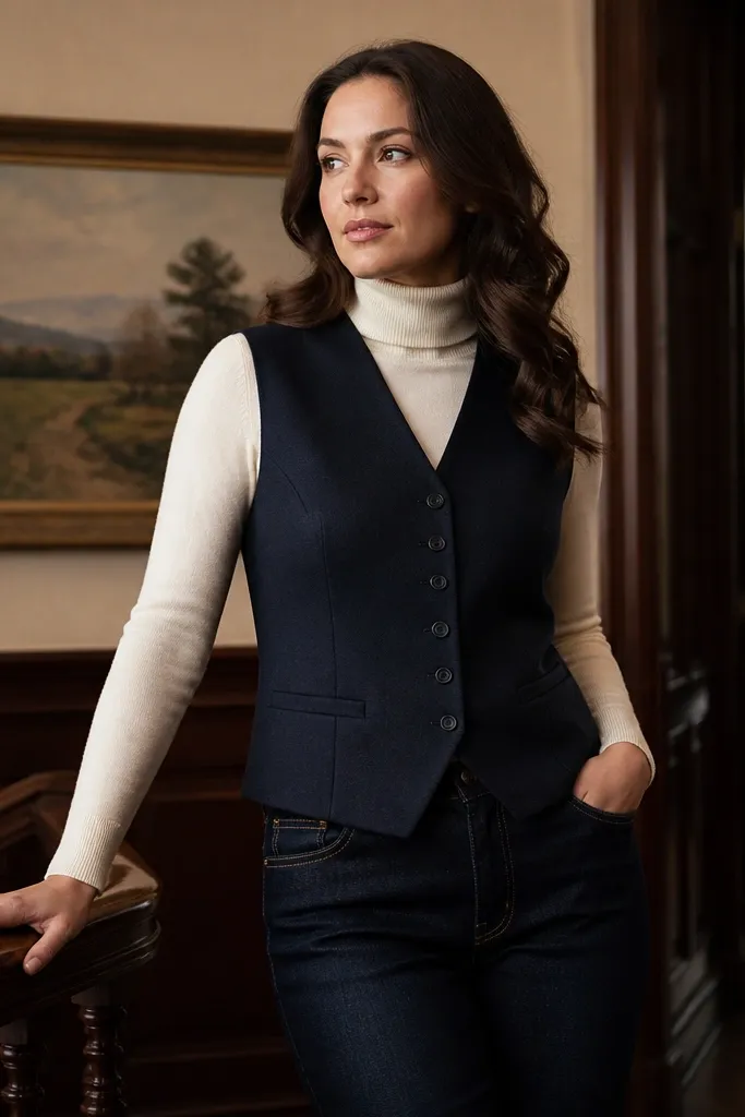 Cream turtleneck with navy suit vest and dark denim jeans