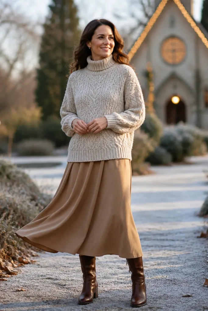 Oatmeal cable knit sweater with camel midi skirt and brown mid-calf boots