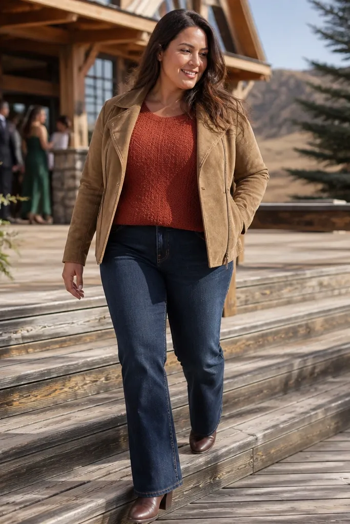 Rust sweater with dark straight jeans and a camel suede jacket