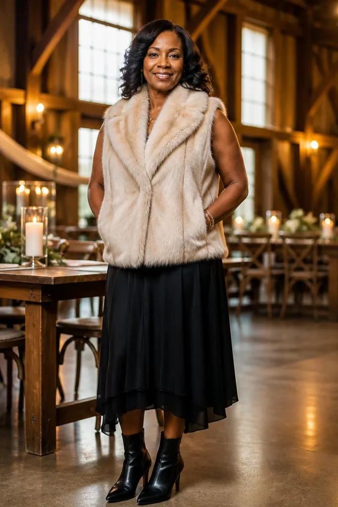 Cream faux fur vest over a black midi skirt with black ankle boots