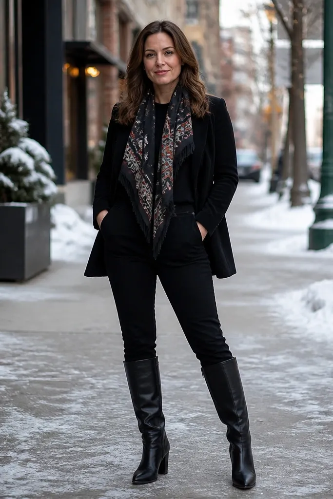 Monochrome black outfit with a patterned western scarf and tall leather boots