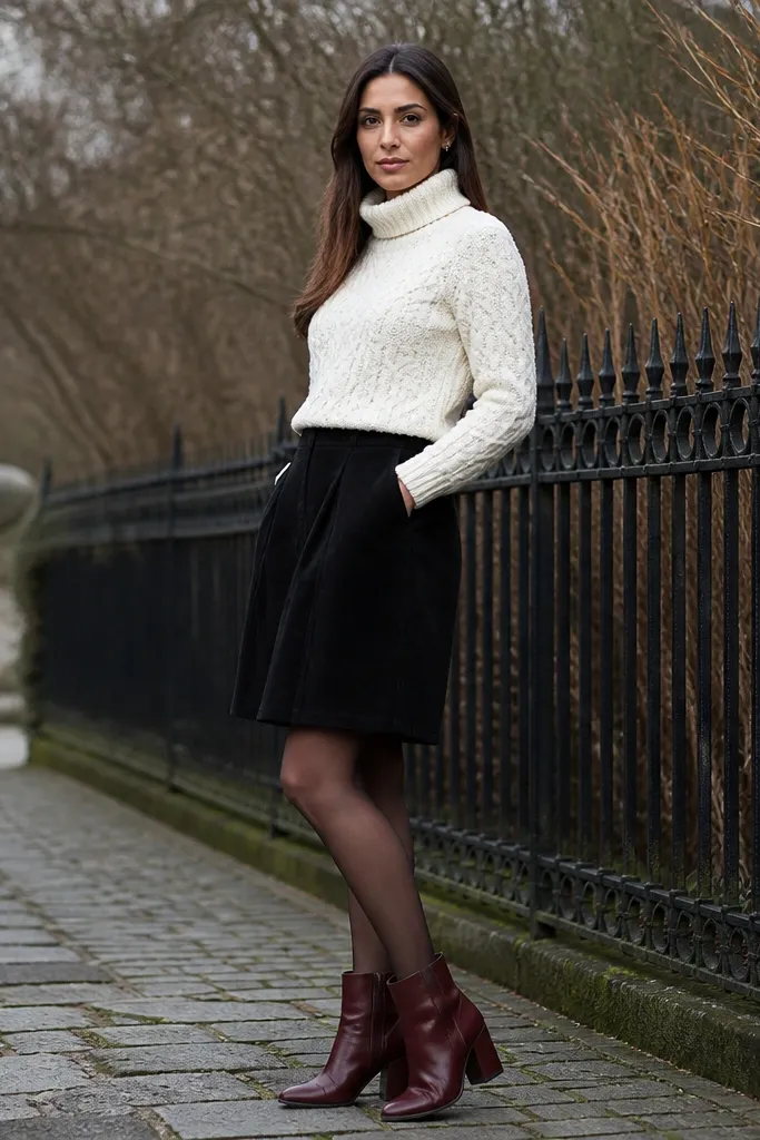 Ivory cable turtleneck with black suede skirt and oxblood boots