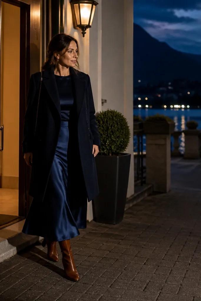 Navy satin midi skirt with a wool overcoat and cognac boots