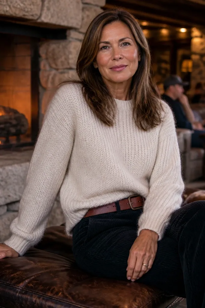 Black corduroy pants with a cream knit sweater and brown leather belt
