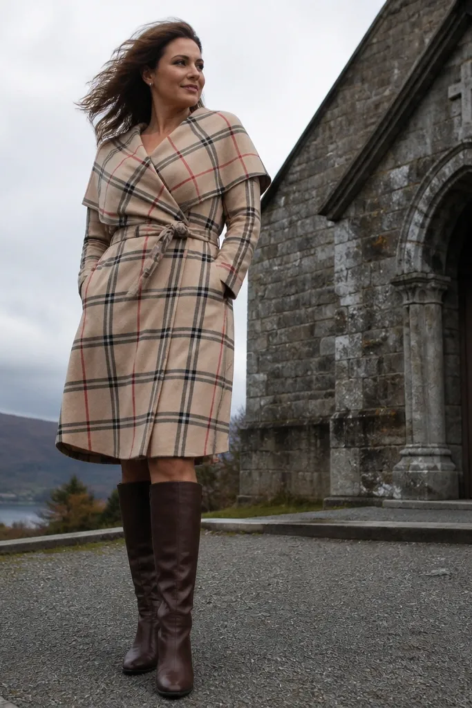 Beige tartan wrap dress with knee-high boots and a long coat