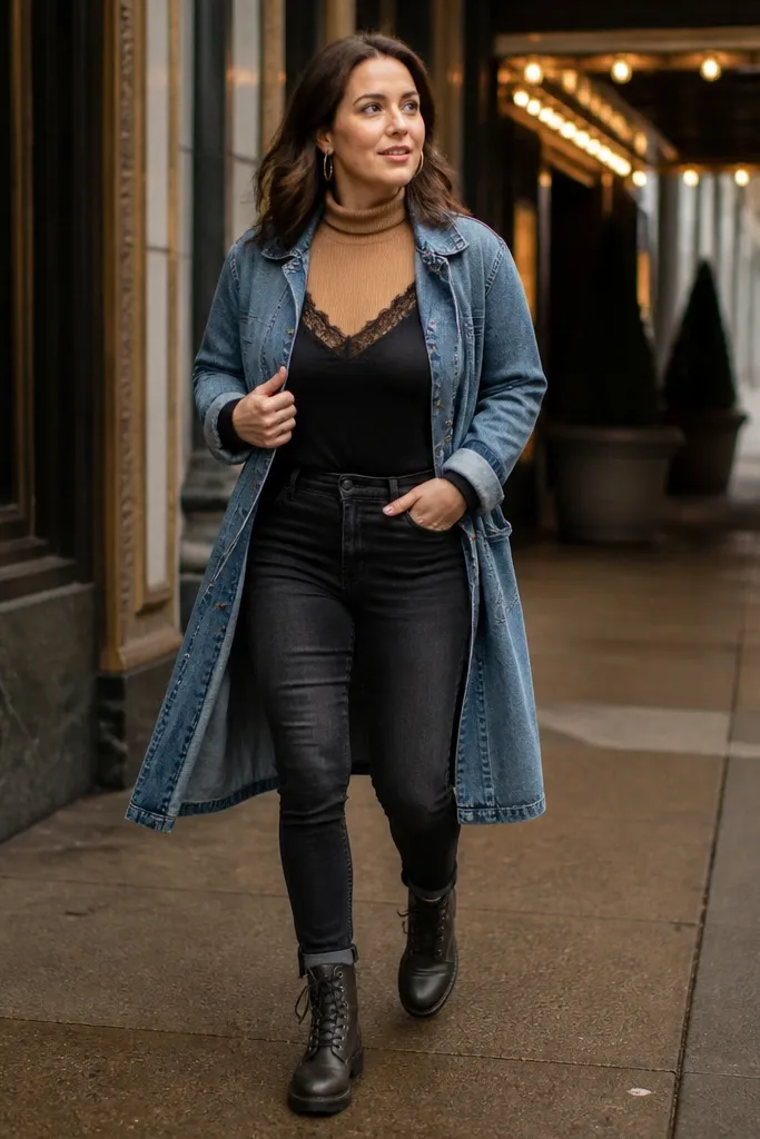 Black lace top with a camel turtleneck layer and a long denim jacket