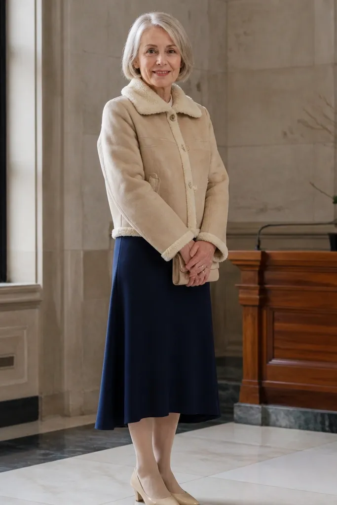 Oat shearling jacket over a navy midi skirt with cream tights and brown boots