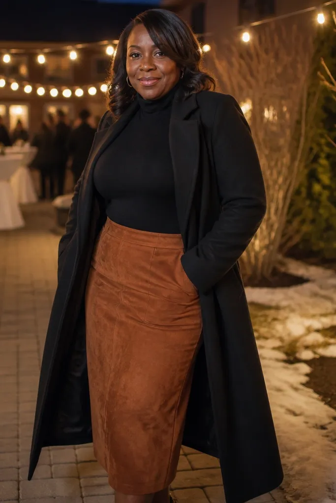 Rust suede skirt with a black turtleneck and a long black coat
