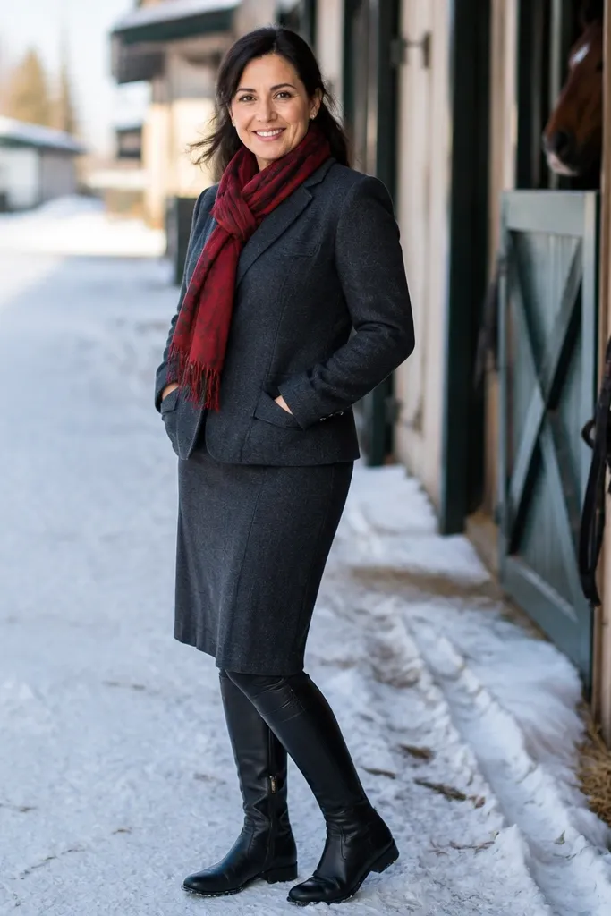 Slate skirt suit with a red scarf and black riding boots