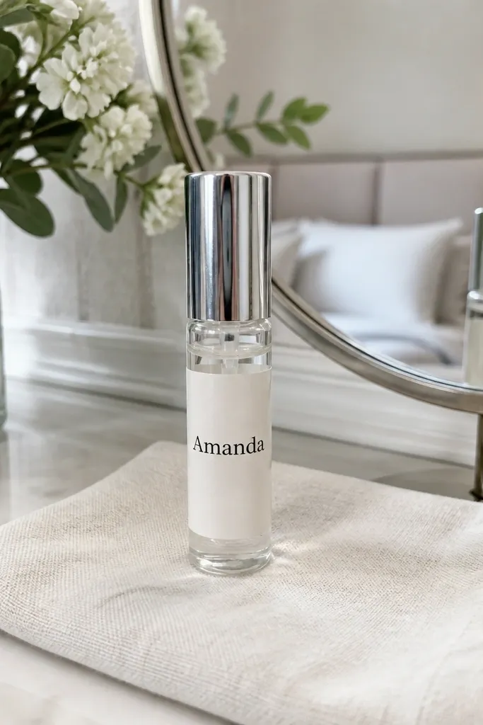 Small perfume vial with a rose-gold label in a gift box