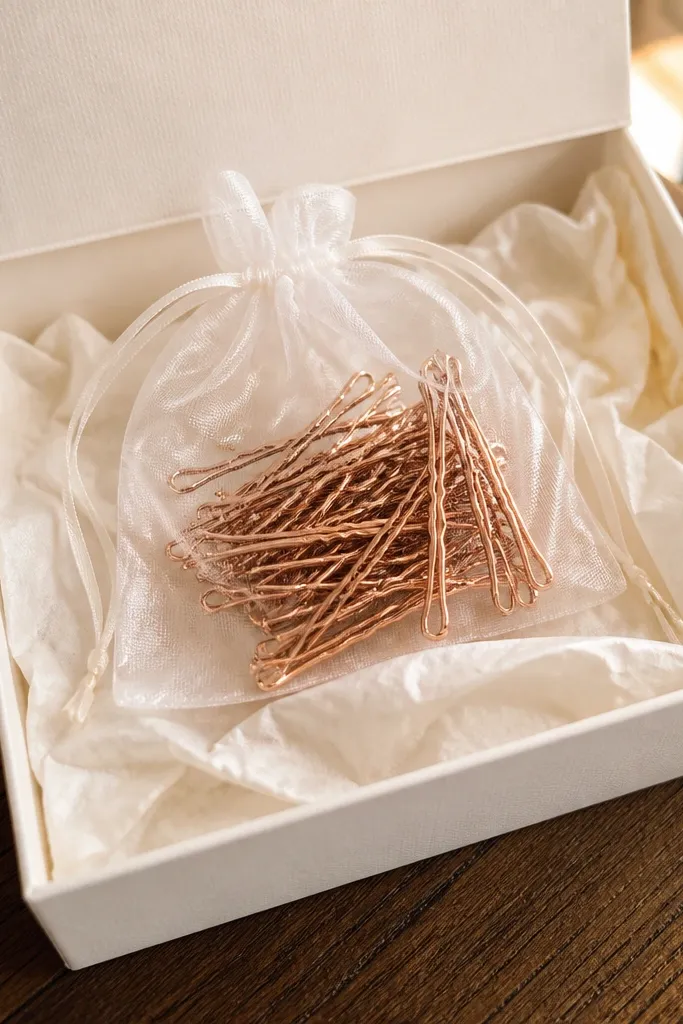 Clear organza pouch with rose-gold bobby pins inside a box