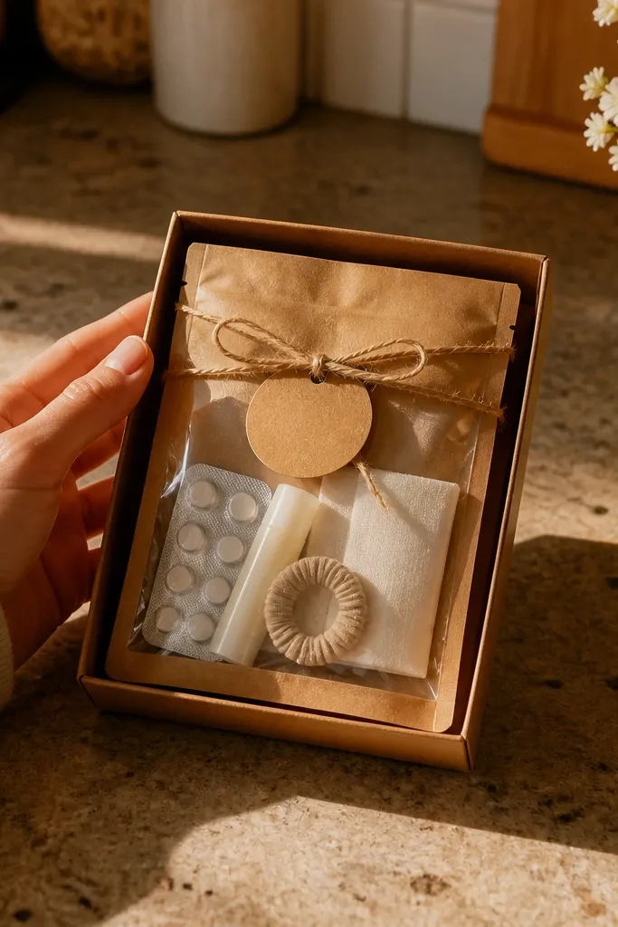 Small paper sachet labeled emergency kit with tiny items inside