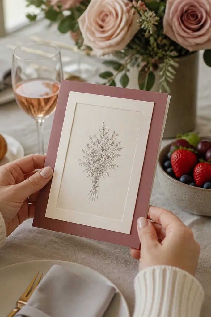 Folded card with a layered paper frame in blush and cream