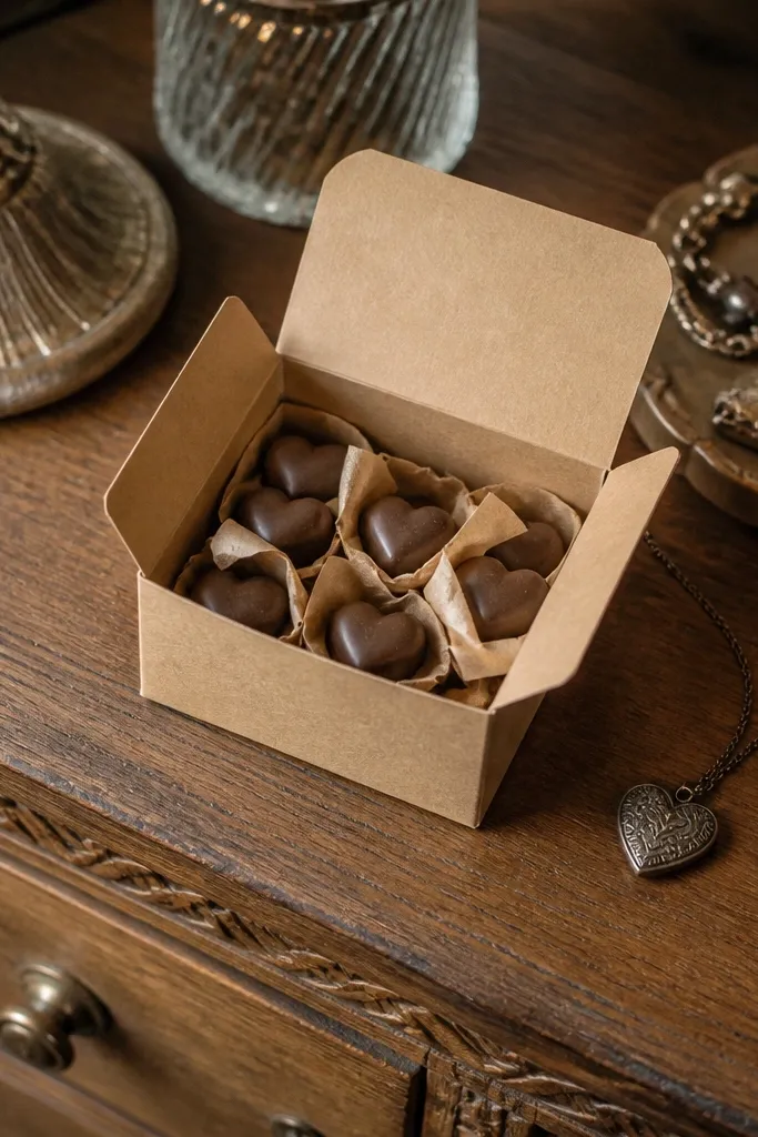 Mini kraft box filled with chocolate hearts and ribbon