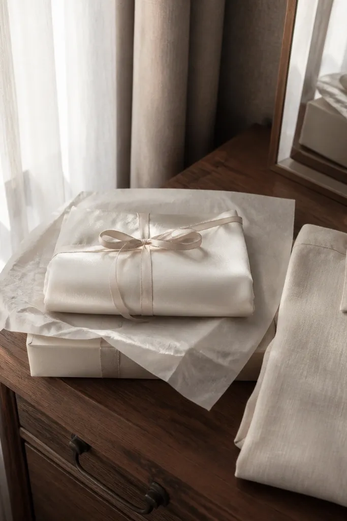 Small satin hair scarf folded neatly with a ribbon tie