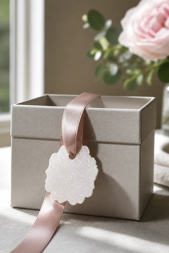 Shiny thank you tag with ribbon tied to a box insert