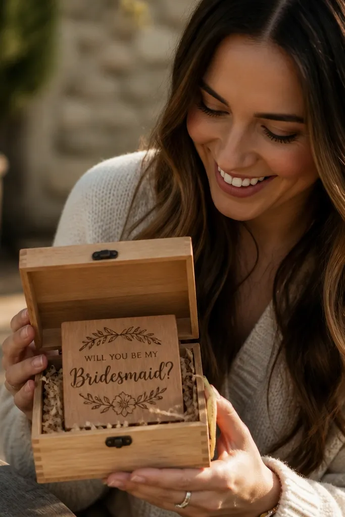 Small wooden sign that says Bridesmaid in a gift box