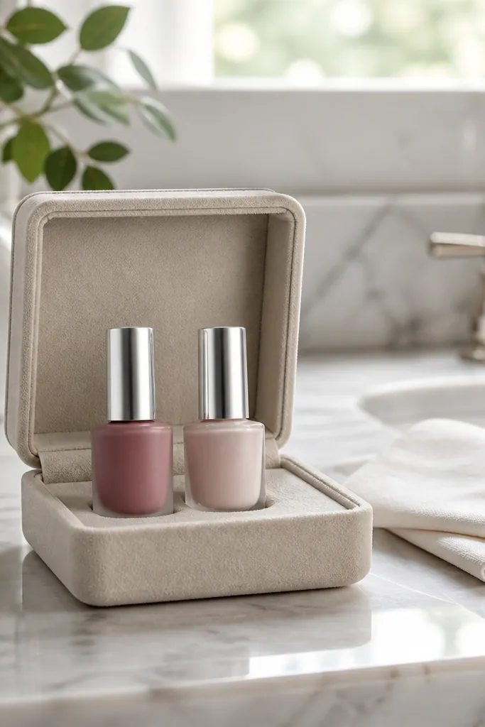 Two mini nail polishes in accent colors arranged in tissue