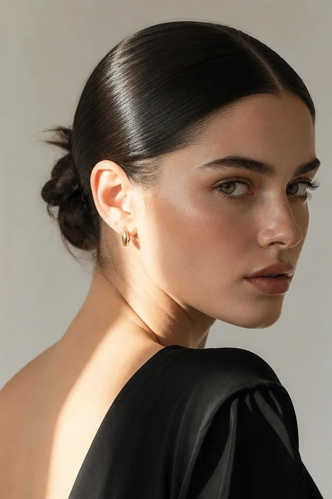 Sleek dark low bun with a center part and glossy hair shine.