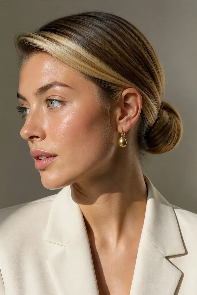 Low bun with deep side part and barely visible pins under smooth hair.