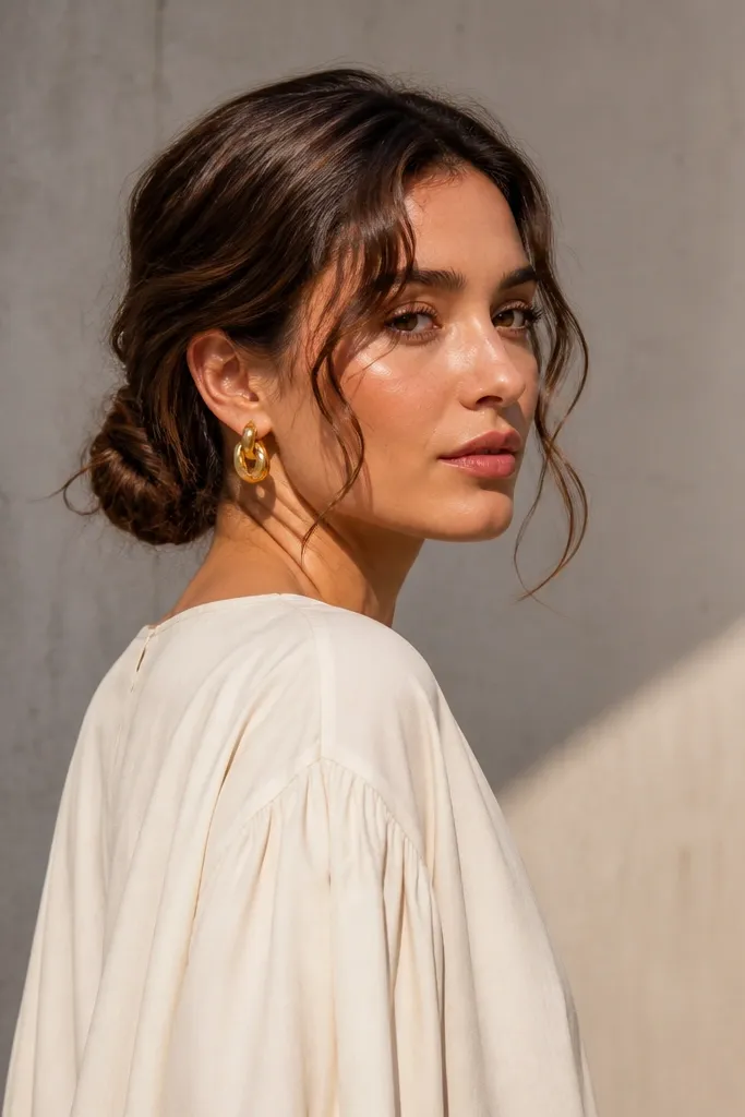 Low bun with gentle face-framing waves and soft texture at the hairline.