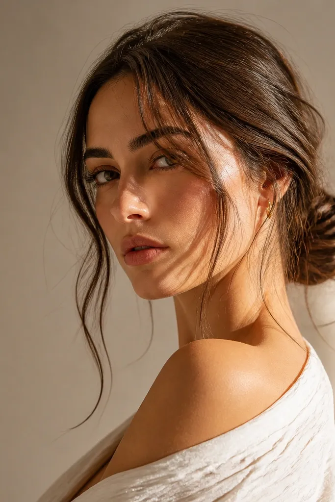 Textured low bun with loose face tendrils and airy volume.