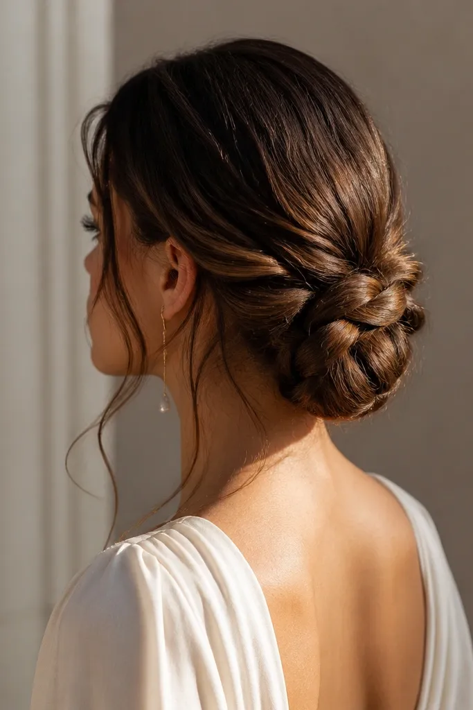 Low bun with a braided crown woven into the bun base.