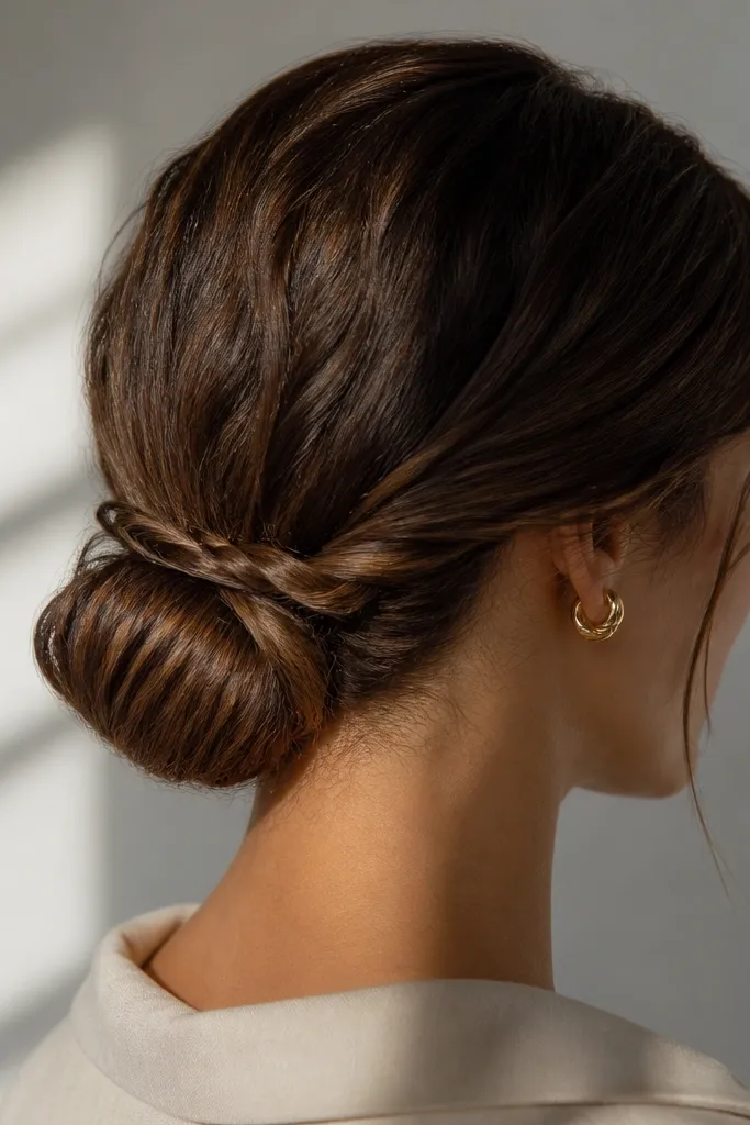 Low bun with a twisted rope strand wrapping near the base.