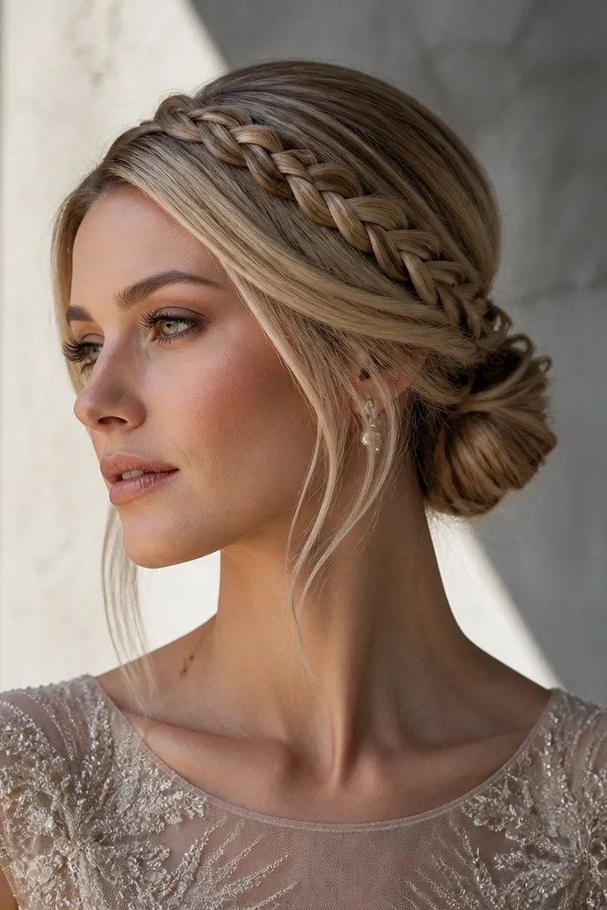 Low bun with a braided wrap strand sweeping across the front.